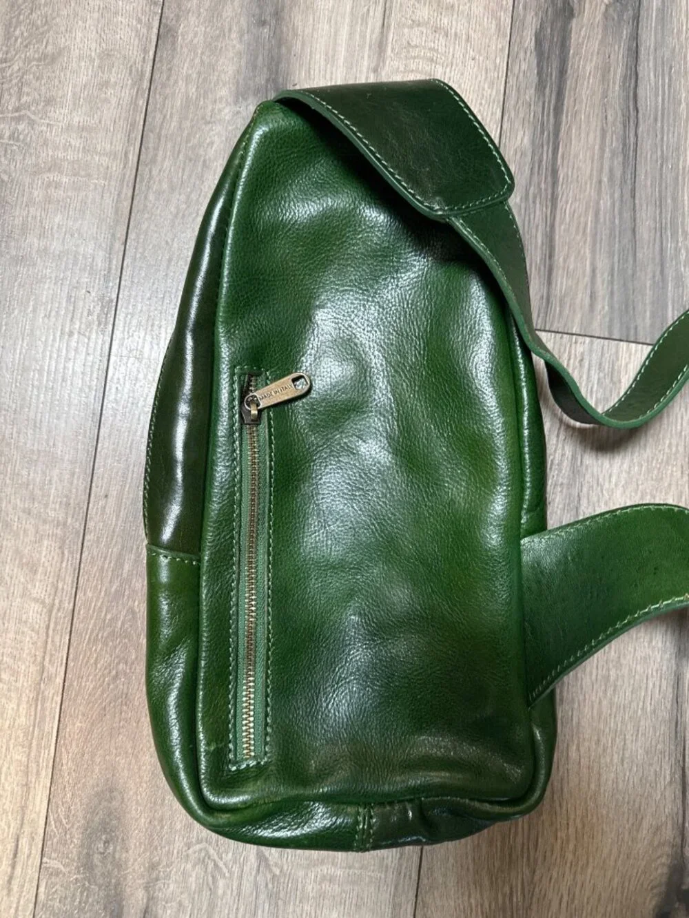 Florence Moon Green Leather Backpack Purse With Plaid Lining & Multiple Compartm